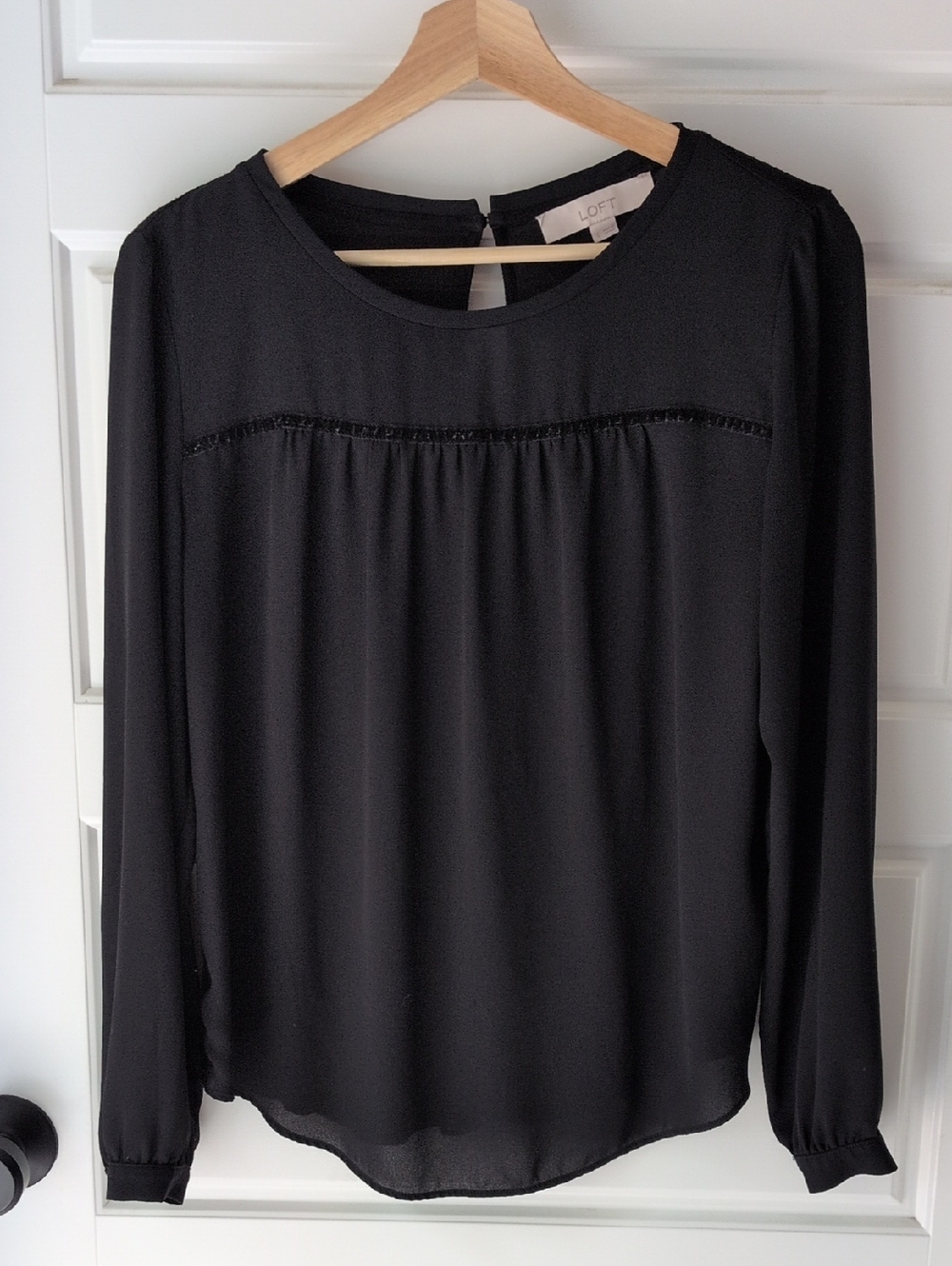 LOFT Black Long-Sleeve Gathered Yoke Blouse